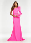 Pink ASHLEYlauren 11131 One-Shoulder Scuba Gown with Feather Details, Heat-Set Stones, Crystal Belt, and Elegant Train