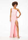 Pink ASHLEYlauren 11144 – A dazzling one-shoulder sequin gown featuring an asymmetrical lace-up back, left leg slit, and fully hand-beaded design. Perfect for making a statement and turning heads at any event.