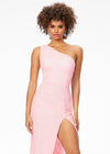 Pink ASHLEYlauren 11144 – A dazzling one-shoulder sequin gown featuring an asymmetrical lace-up back, left leg slit, and fully hand-beaded design. Perfect for making a statement and turning heads at any event.