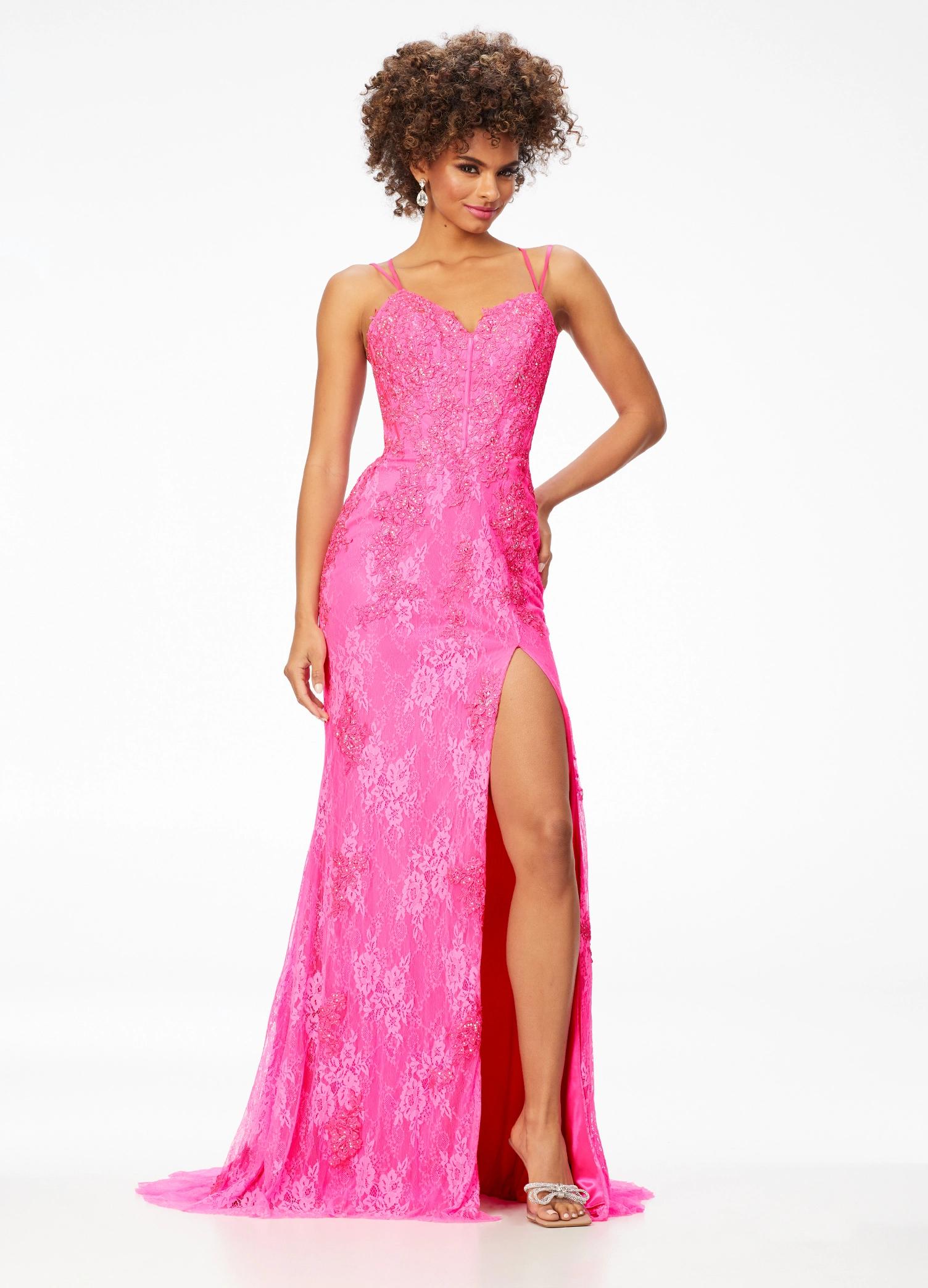 Pink ASHLEYlauren 11145 Lace Gown with Spaghetti Straps, Lace Applique, Heat Press Stones, Lace-Up Back, and Left Leg Slit