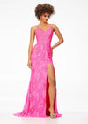 Pink ASHLEYlauren 11145 Lace Gown with Spaghetti Straps, Lace Applique, Heat Press Stones, Lace-Up Back, and Left Leg Slit