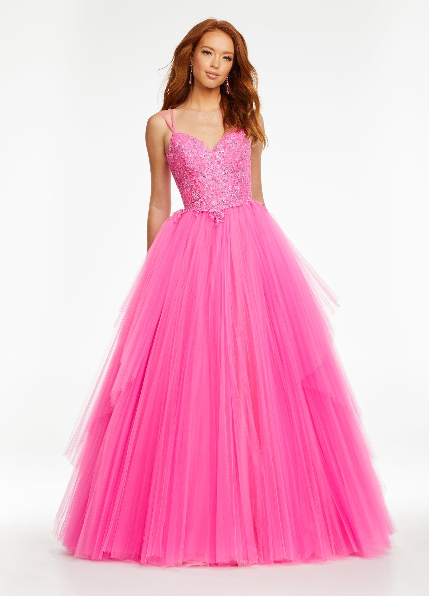 Pink ASHLEYlauren 11146 Pleated Tulle Ball Gown with Spaghetti Straps, Embroidered Lace Bustier, Heat Set Stones, and Lace-Up Back