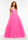Pink ASHLEYlauren 11146 Pleated Tulle Ball Gown with Spaghetti Straps, Embroidered Lace Bustier, Heat Set Stones, and Lace-Up Back