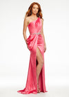 Pink ASHLEYlauren 11164 One-Shoulder Satin Gown with Ruched Bustier, Crystal Belt Waistline, Draped Side Detail, Wrap Skirt, and Open Back