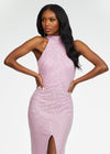 Pink ASHLEYlauren 11177 – An intricately hand-beaded halter gown featuring a stunning beaded motif, low open back, center slit, and a sweeping train. Perfect for making a show-stopping statement at any event.