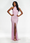 Pink ASHLEYlauren 11177 – An intricately hand-beaded halter gown featuring a stunning beaded motif, low open back, center slit, and a sweeping train. Perfect for making a show-stopping statement at any event.
