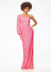 Pink ASHLEYlauren 11194 stunning sequin gown featuring a one shoulder neckline, elegant bishop sleeve, fitted column skirt, and back vent for a sleek and sophisticated look.