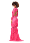 Back - Pink ASHLEYlauren 11199 – A dramatic v-neck beaded gown featuring long sleeves, ruffle accents, a center slit, and a sweep train. Perfect for making a bold and elegant statement at any special event.