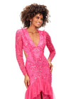 Pink ASHLEYlauren 11199 – A dramatic v-neck beaded gown featuring long sleeves, ruffle accents, a center slit, and a sweep train. Perfect for making a bold and elegant statement at any special event.