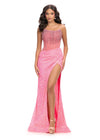 Pink ASHLEYlauren 11236 jaw-dropping strapless gown featuring a fitted silhouette, corset bustier with stunning crystal beadwork, a fully beaded wrap skirt, and a left leg slit for a glamorous red carpet-worthy look.