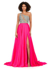Pink ASHLEYlauren 11245 One Shoulder Chiffon Gown with Turquoise & Crystal Beading and Illusion Cut Out