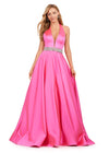 Pink ASHLEYlauren 11249 elegant satin gown featuring a halter neckline, open back, and a crystal beaded accent belt for a timeless and sophisticated statement look.