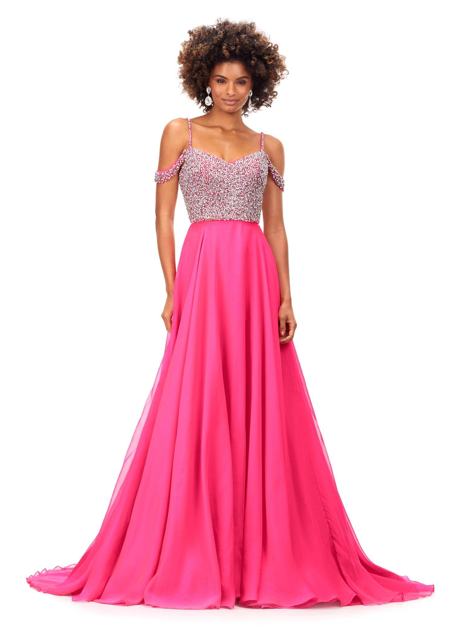 Pink ASHLEYlauren 11253 – A dazzling chiffon A-line gown featuring a sweetheart neckline and a fully encrusted bustier with crystals and pearls, along with crystal and pearl-encrusted spaghetti and shoulder straps. Perfect for making an unforgettable statement at any event.