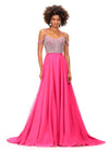 Pink ASHLEYlauren 11253 – A dazzling chiffon A-line gown featuring a sweetheart neckline and a fully encrusted bustier with crystals and pearls, along with crystal and pearl-encrusted spaghetti and shoulder straps. Perfect for making an unforgettable statement at any event.