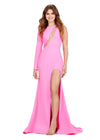 Pink ASHLEYlauren 11272 one sleeve jersey gown featuring an illusion cut-out bustier, left leg slit, and press-on stone trim for a glamorous and modern look.