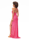 Back - Pink ASHLEYlauren 11277 one shoulder gown featuring intricate sequin and crystal beading, feather-accented neckline, left leg slit, and strappy open back.