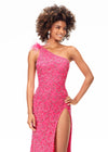 Close Up - Pink ASHLEYlauren 11277 one shoulder gown featuring intricate sequin and crystal beading, feather-accented neckline, left leg slit, and strappy open back.