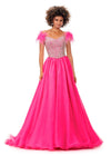 Pink ASHLEYlauren 11314 off shoulder gown featuring feather straps, a crystal-encrusted bustier, and a flowing organza A-line skirt with wire hem.