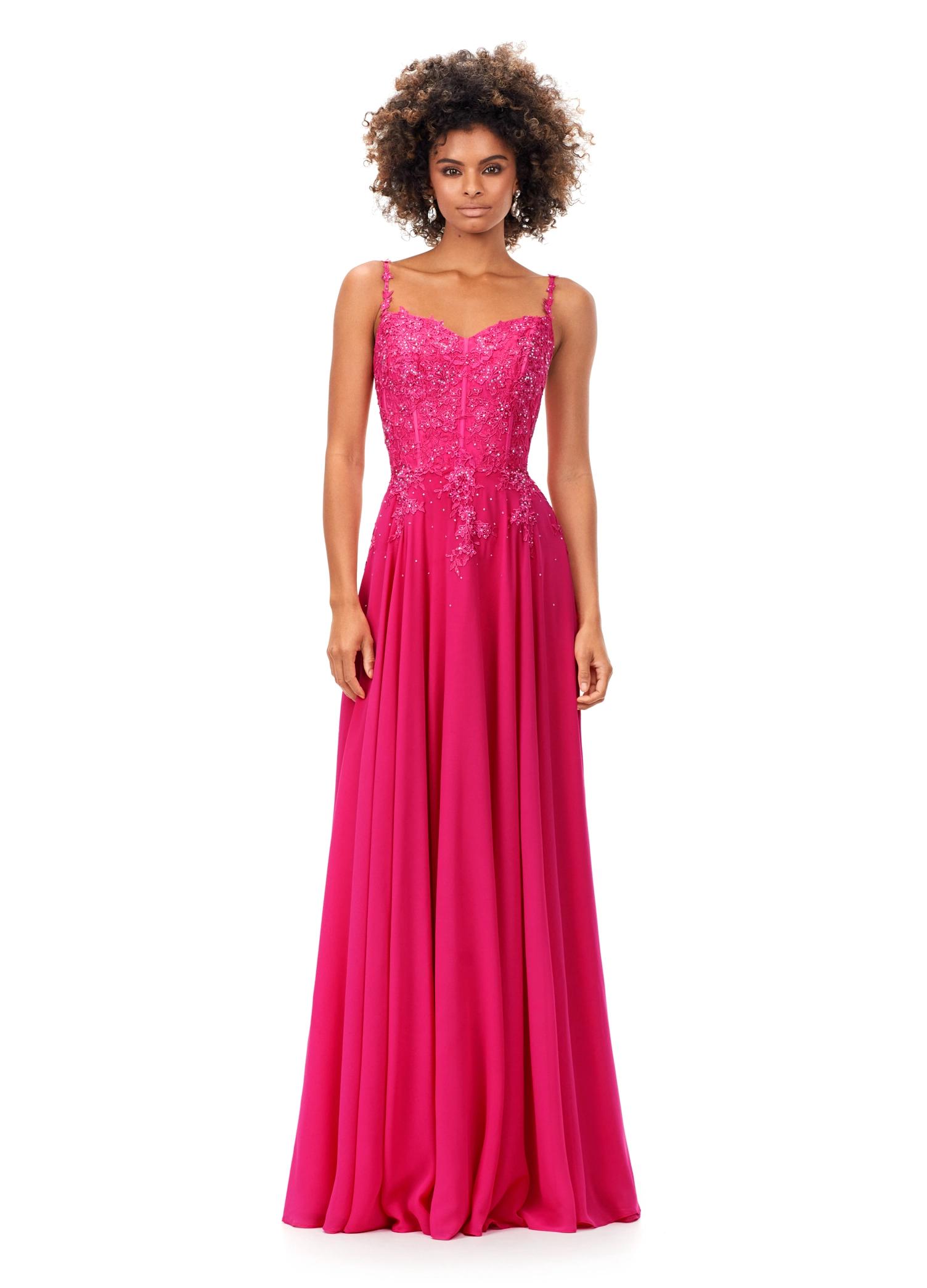 Pink ASHLEYlauren 11332 classic chiffon gown featuring a sweetheart neckline, delicate spaghetti straps, a corset-style bustier adorned with lace appliques, and an A-line skirt with lace detailing for an elegant and timeless look.