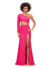 Pink ASHLEYlauren 11340 sequin one shoulder gown featuring a single sleeve, shark bite cut-out, wrap skirt, and left leg slit for a striking and glamorous look.