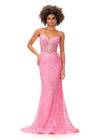 Pink ASHLEYlauren 11362 elegant spaghetti strap gown featuring a sweetheart neckline, sheer illusion bustier adorned with intricate sequin details that cascade onto the skirt and hemline, and a sweep train for a glamorous and sophisticated look.