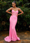 Pink ASHLEYlauren 11362 elegant spaghetti strap gown featuring a sweetheart neckline, sheer illusion bustier adorned with intricate sequin details that cascade onto the skirt and hemline, and a sweep train for a glamorous and sophisticated look.