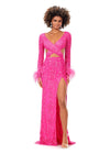 Pink ASHLEYlauren 11364 beaded gown featuring a V-neckline, crisscross cut-out bodice, long sleeves trimmed with feathers, left leg slit, and a sweep train for added drama.