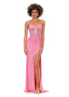 Pink ASHLEYlauren 11369 fully liquid beaded gown featuring an exposed bustier, delicate spaghetti straps, left leg slit, and a sweep train for a glamorous finish.