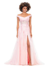 Pink ASHLEYlauren 11376 fairytale-inspired off-shoulder gown featuring an illusion corset bodice, delicate 3D lace flower appliques cascading throughout layers of tulle, and a left leg slit for an ethereal and romantic look.