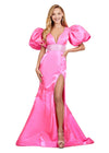 Pink ASHLEYlauren 11379 Shimmer Satin Fitted Gown with V-Neckline, Lace-Up Back, Oversized Puff Sleeves, and Scattered Heat Set Stone Waistband