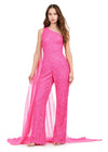 Pink ASHLEYlauren 11384 eye-catching sequin jumpsuit featuring a one shoulder neckline, removable cape, open back with sequin straps, for a bold and glamorous statement look.