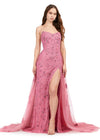 Pink ASHLEYlauren 11405 strapless gown featuring a sweetheart neckline, fully sequined design, glimmering beadwork, full tulle overskirt, and left leg slit for added elegance.