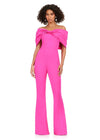 Pink ASHLEYlauren 11414 chic scuba jumpsuit featuring an off shoulder neckline with an oversized bow for a bold and sophisticated statement look.