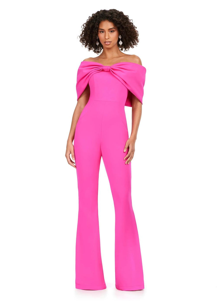 ASHLEYlauren 11414 - Off-Shoulder Jumpsuit with Oversized Bow