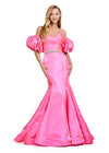 Pink ASHLEYlauren 11419 Strapless Satin Gown with Sweetheart Neckline, Voluminous Puff Sleeves, Mermaid Silhouette, and Sparkling Jeweled Belt