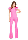 Pink ASHLEYlauren 11422 stylish scuba jumpsuit featuring a crew neckline and dramatic oversized bow sleeves for a bold and elegant look.
