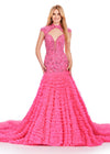 Pink ASHLEYlauren 11428 breathtaking mermaid gown featuring a fully beaded drop waist bustier, open back, cap sleeves, and a dramatic tiered ruffle tulle skirt for an unforgettable look.