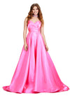 Pink ASHLEYlauren 11473 elegant A-line satin ball gown featuring a strapless sweetheart neckline, ruched bustier, and a fully beaded matching choker for a timeless and glamorous look.