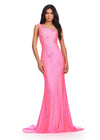 Pink ASHLEYlauren 11525 One Shoulder Fitted Jersey Gown with Delicate Multi-Coloured Floral Heat Set Stones Cascading Down Skirt and Sweep Train