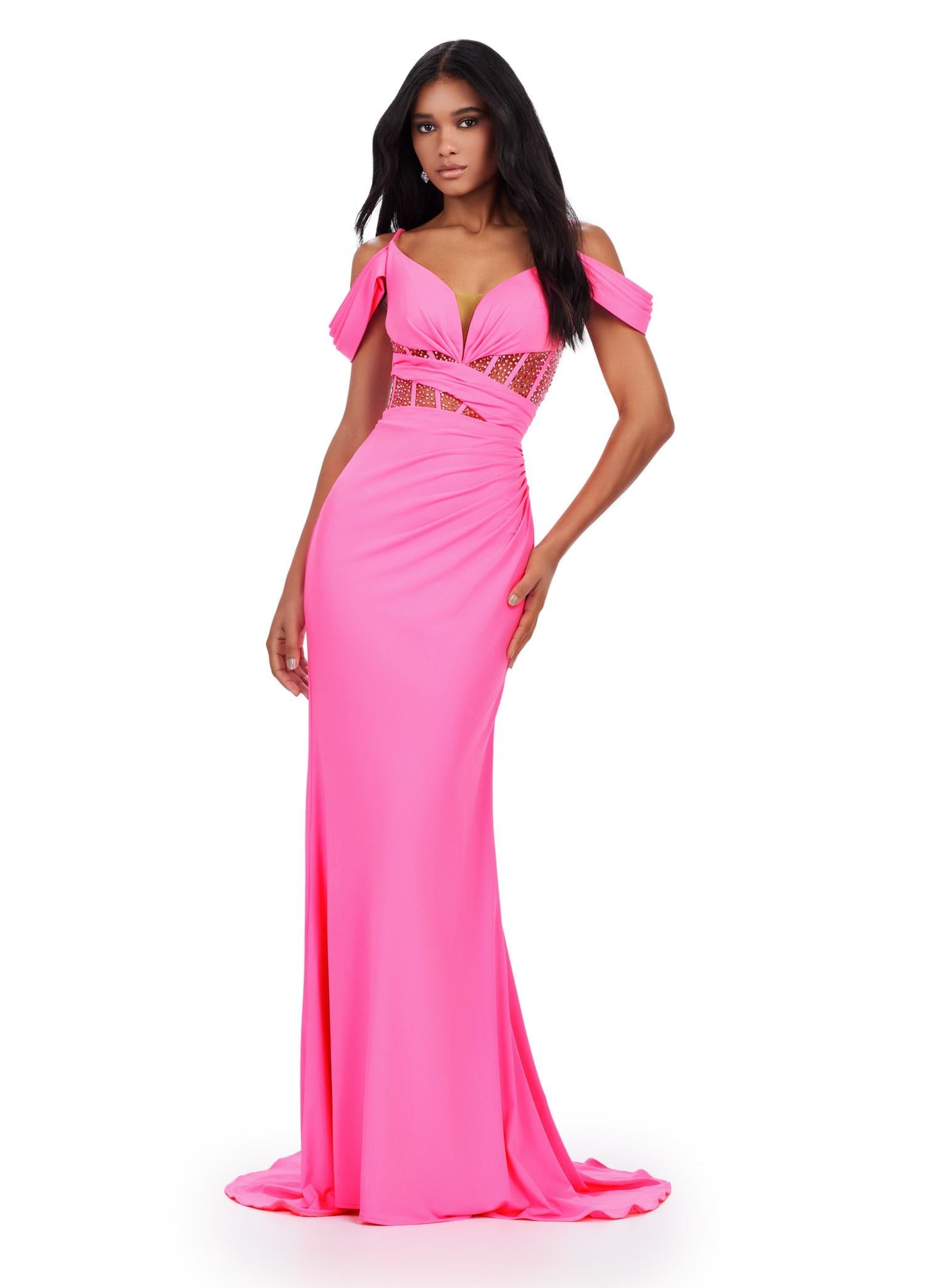 Pink ASHLEYlauren 11536 Jersey Gown with Spaghetti Straps, Off Shoulder Details, Corset Bustier, and Ruched Hip Design