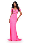 Pink ASHLEYlauren 11536 Jersey Gown with Spaghetti Straps, Off Shoulder Details, Corset Bustier, and Ruched Hip Design