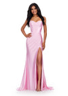 Pink ASHLEYlauren 11549 Red Carpet Ready Shimmer Jersey Gown with Spaghetti Straps, Structured Corset Bustier, Ruched Hip Detail, and Left Leg Slit