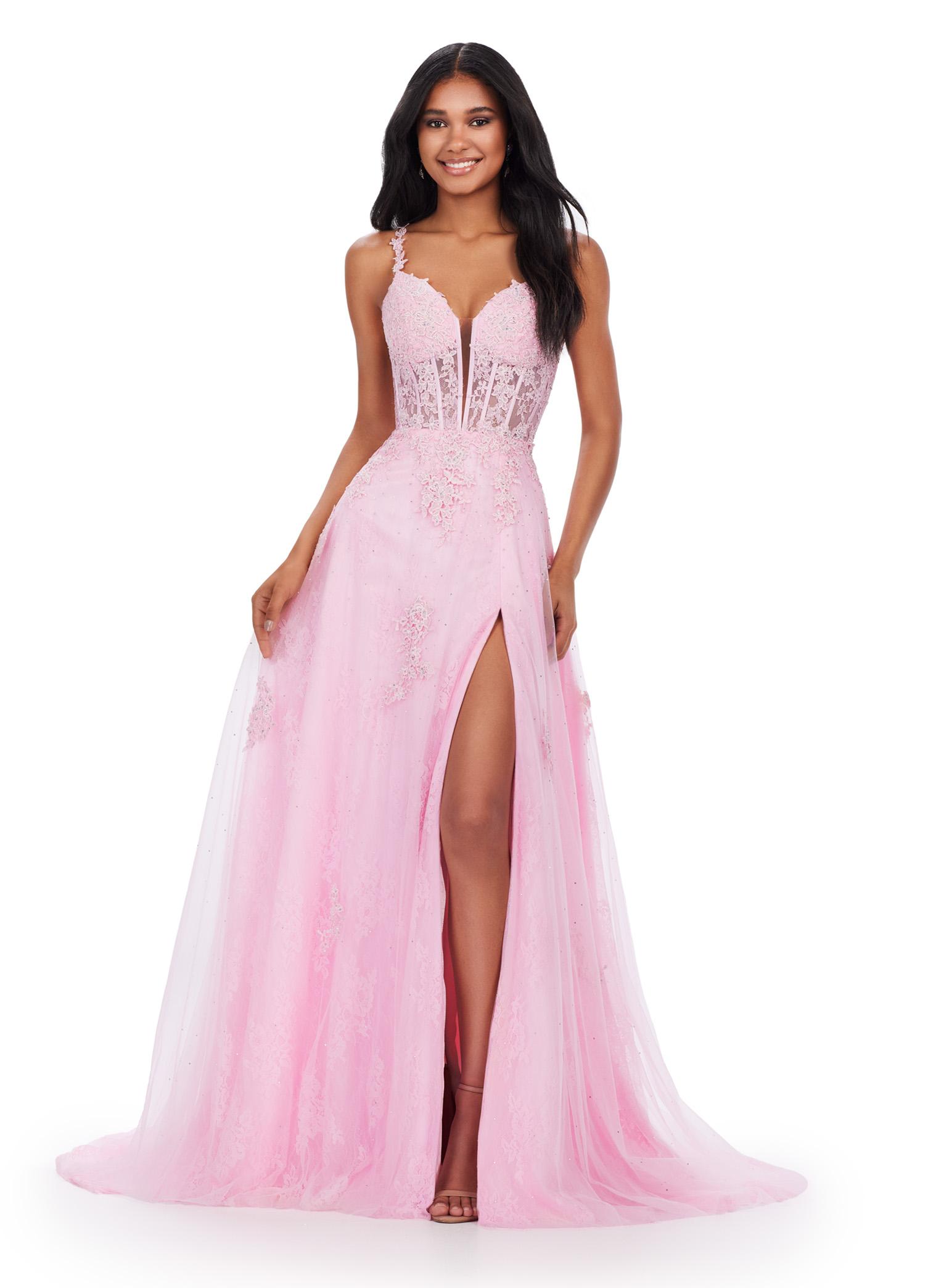 Pink ASHLEYlauren 11558 Elegant A-Line Gown with Spaghetti Straps, Lace Appliqué Bodice, V-Neckline, V-Back, Cascading Appliqué Skirt, Left Leg Slit, and Sweep Train