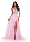 Pink ASHLEYlauren 11558 Elegant A-Line Gown with Spaghetti Straps, Lace Appliqué Bodice, V-Neckline, V-Back, Cascading Appliqué Skirt, Left Leg Slit, and Sweep Train