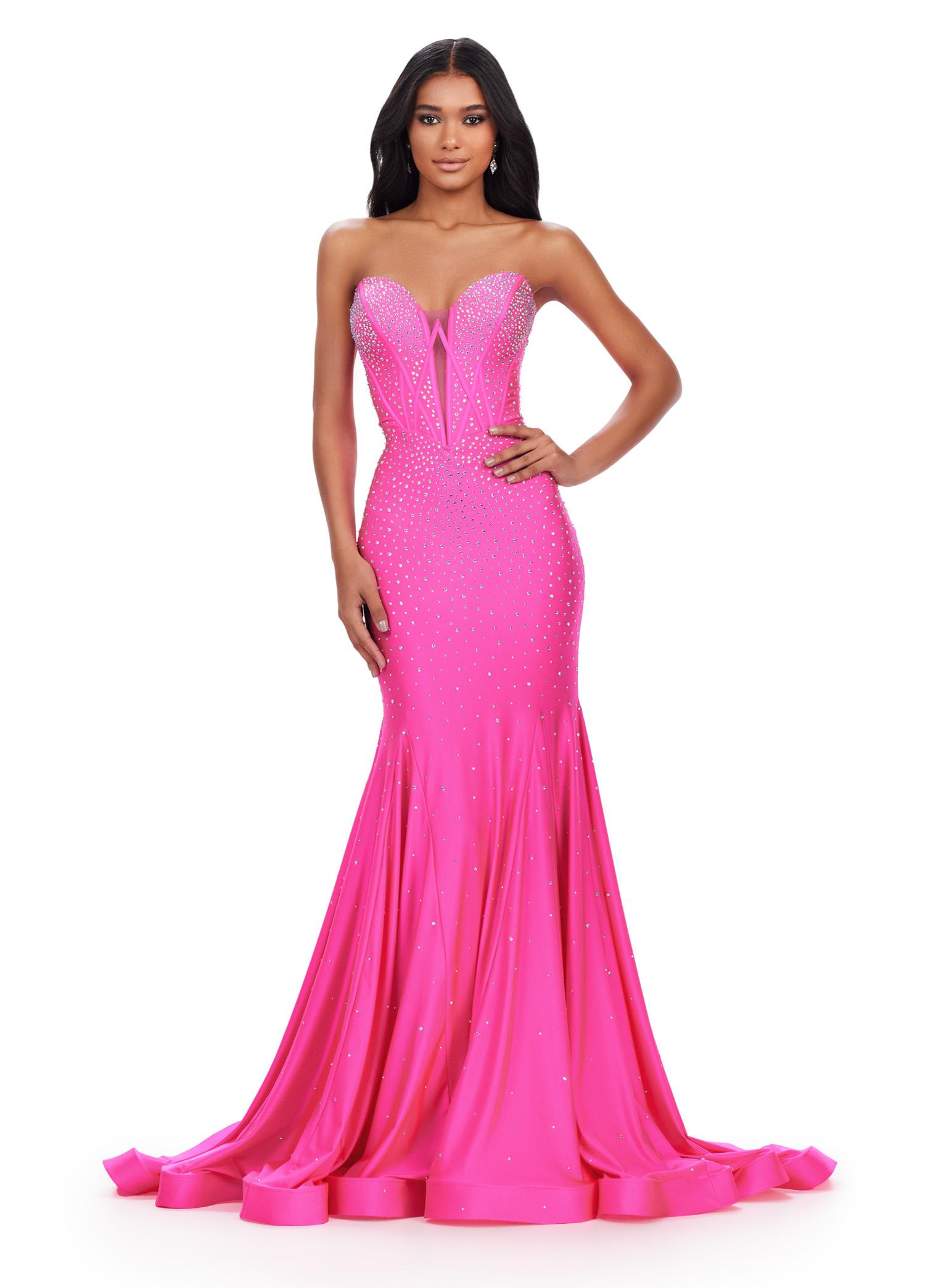 Pink ASHLEYlauren 11560 Classic Strapless Jersey Gown with Glamorous Beaded Corset Bustier, Sparkling Press On Stone Accents, and Sweep Train