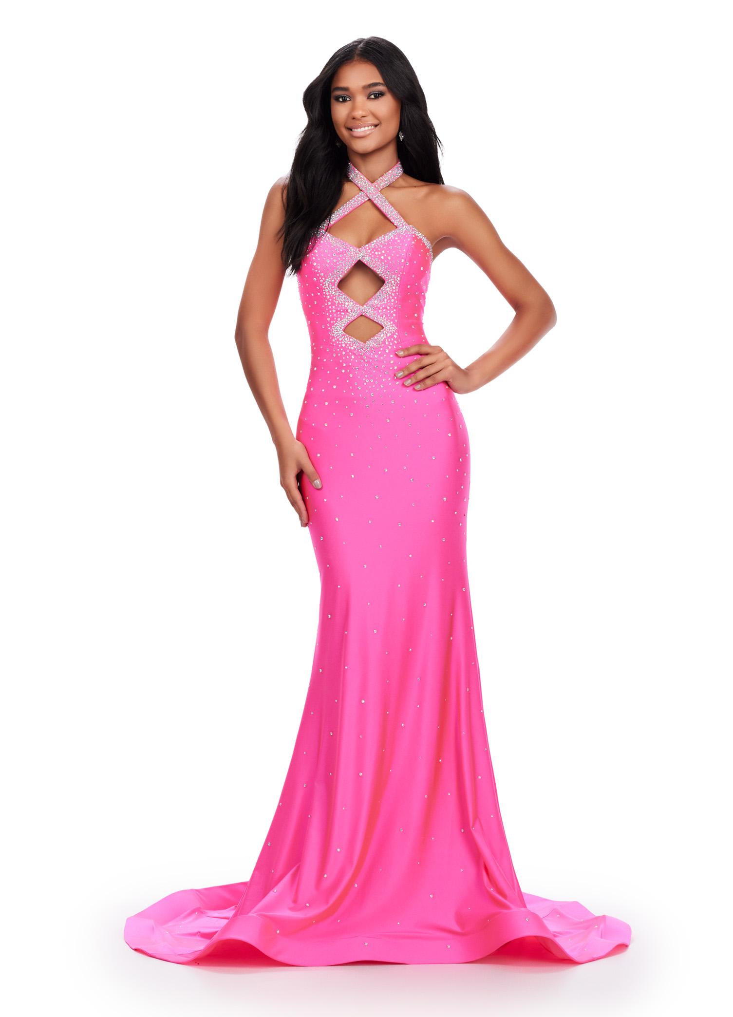 Pink ASHLEYlauren 11578 Edgy Fitted Jersey Gown with Halter Neckline, Bold Cut Outs, and Glamorous Press On Stone Details