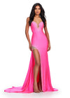 Pink ASHLEYlauren 11579 Unique Jersey Gown with Illusion V-Neckline, Sparkling Press On Stones, Flowing Side Skirt, and Left Leg Slit