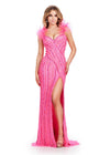 Pink ASHLEYlauren 11586 Fully Beaded Gown with Sweetheart Neckline, Feather Shoulder Straps, and Left Leg Slit