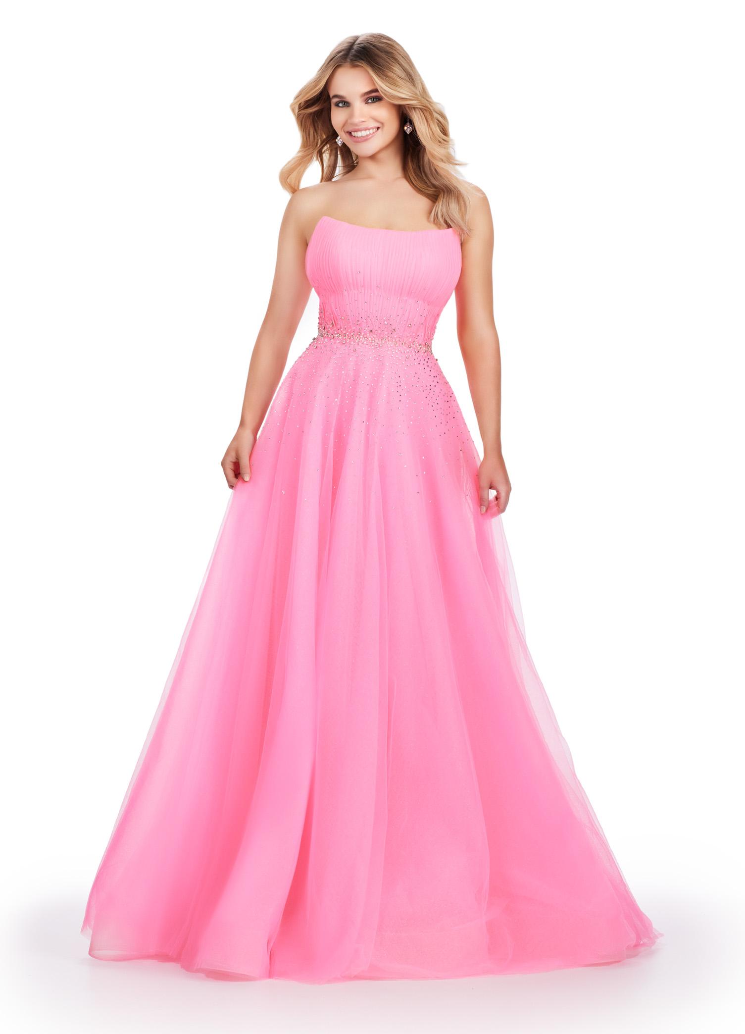 Pink ASHLEYlauren 11597 Strapless Glitter Tulle Ball Gown with Sparkling Trickle Beaded Belt and Voluminous Princess Skirt