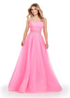 Pink ASHLEYlauren 11597 Strapless Glitter Tulle Ball Gown with Sparkling Trickle Beaded Belt and Voluminous Princess Skirt